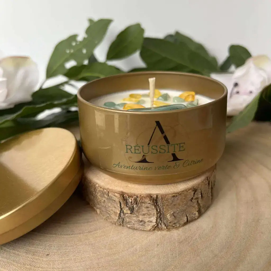 Bougie Réussite Aura de Roche avec pierres aventurine verte et citrine pour ambiance apaisante