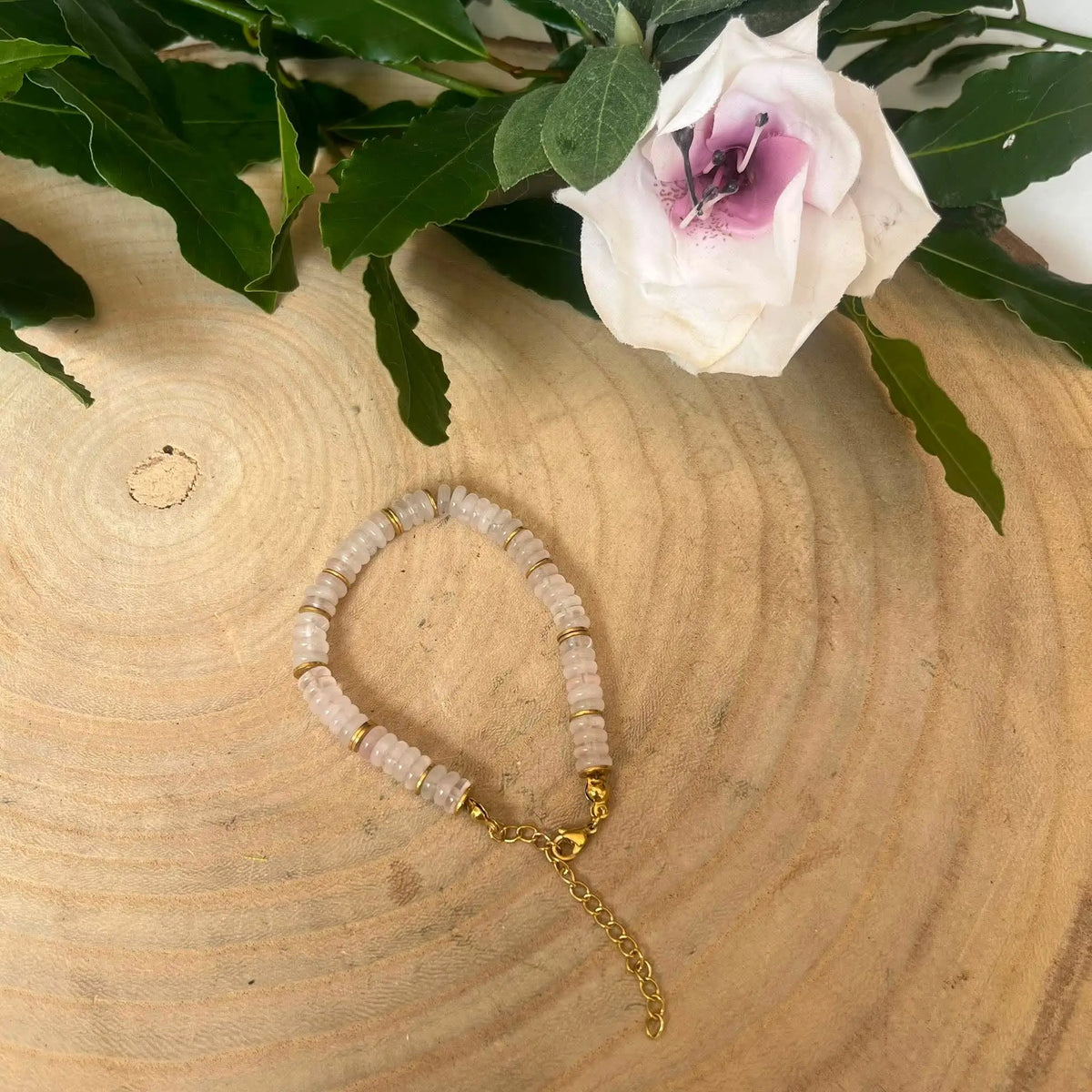 Bracelet Quartz Rose Perles Rondelles 6 mm Réglable