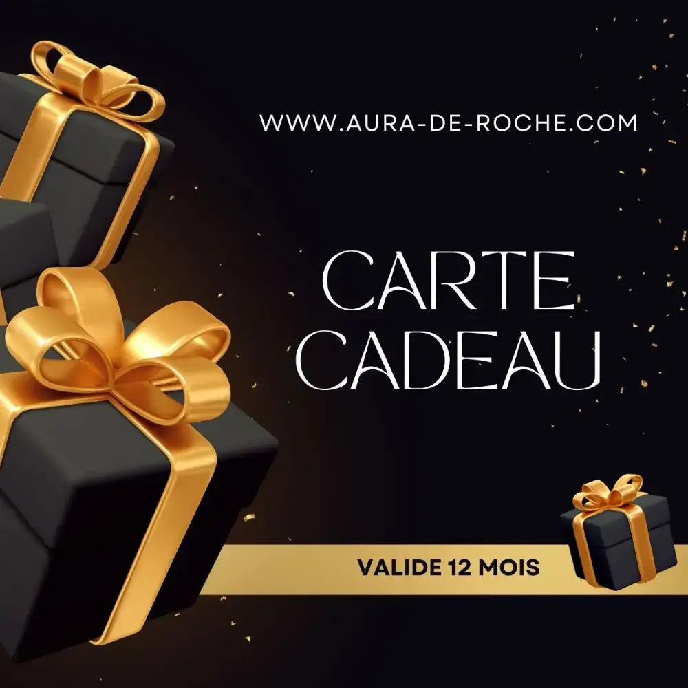 Carte Cadeau Aura de Roche sur fond noir avec des cadeaux élégants à rubans dorés