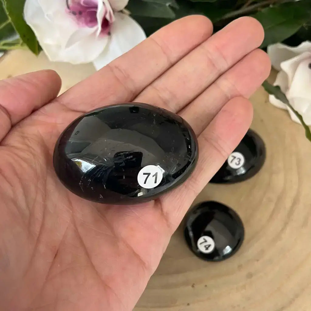 Gros Galet Tourmaline Noire en main, pierre plate noire brillante de Aura de Roche