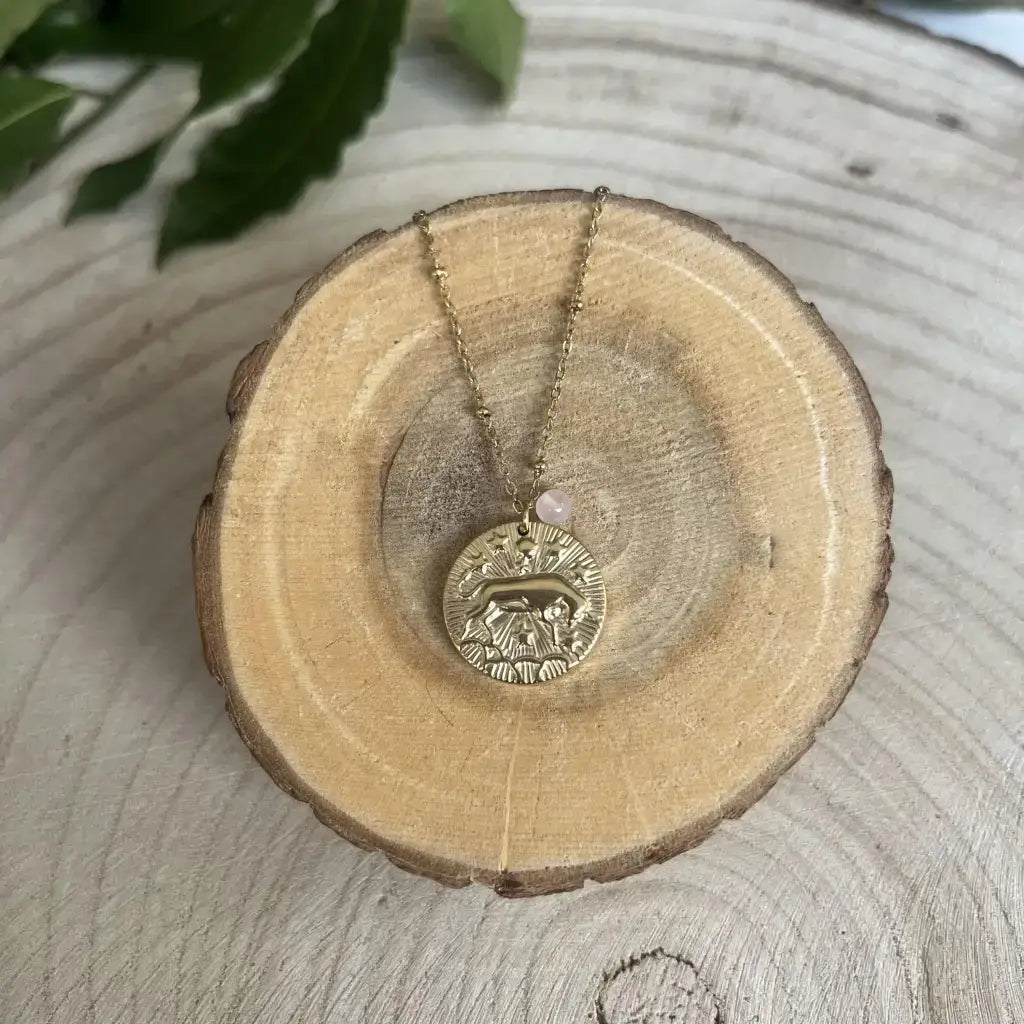 Pendentif Taureau avec Pierre de Pouvoir sur une chaîne délicate, présenté sur un support en bois naturel