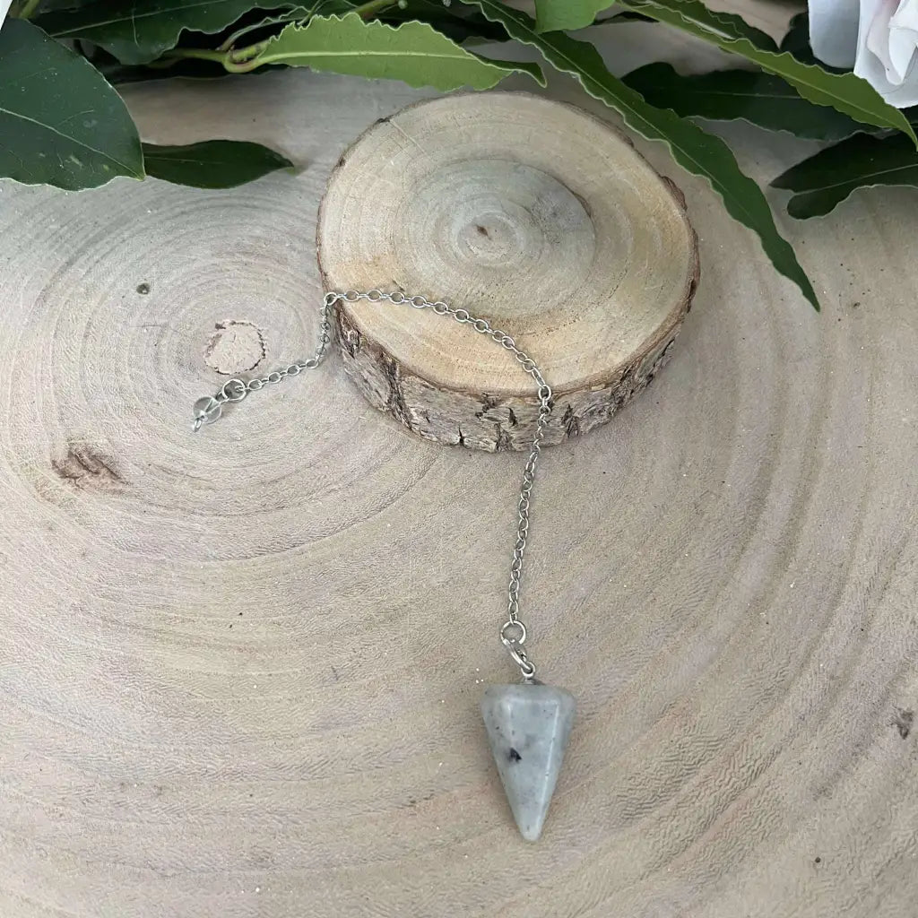 Pendule en Labradorite Aura de Roche pendule conique en pierre sur chaîne argentée posé sur rondin