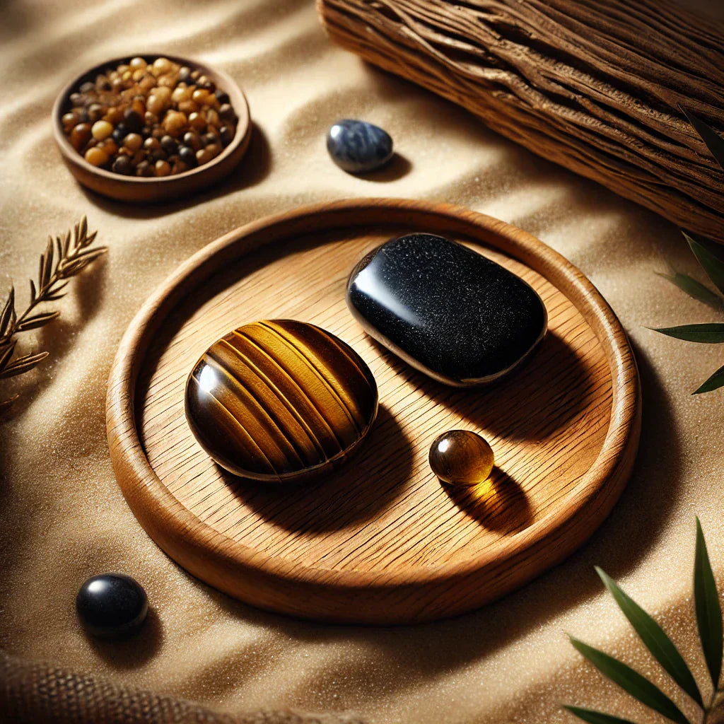 Présentation de 2 Pierres contre le Mauvais Œil sur un plateau en bois, entourées de pierres naturelles