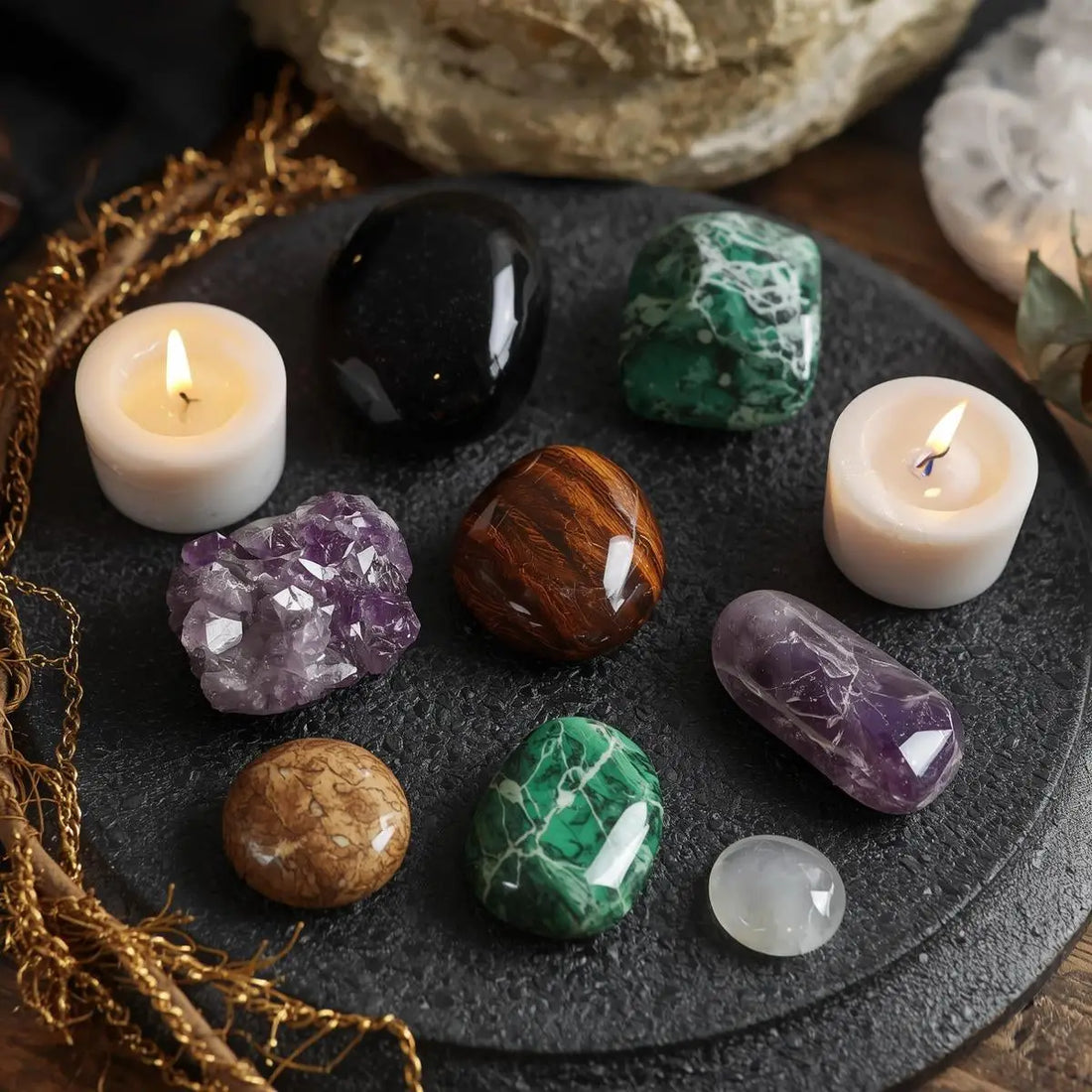 Collection de pierres et cristaux pour la lithothérapie, utiles pour savoir où mettre les pierres en lithothérapie
