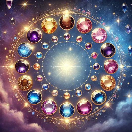 Illustration des Pierres de Naissance disposées en cercle avec éclats lumineux représentant leurs vertus
