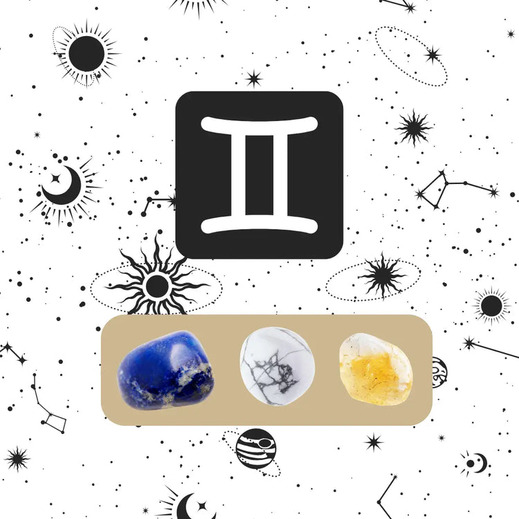 Collection Gémeaux Pierres Naturelles présentant Lapis Lazuli, Howlite et Citrine pour communication et créativité