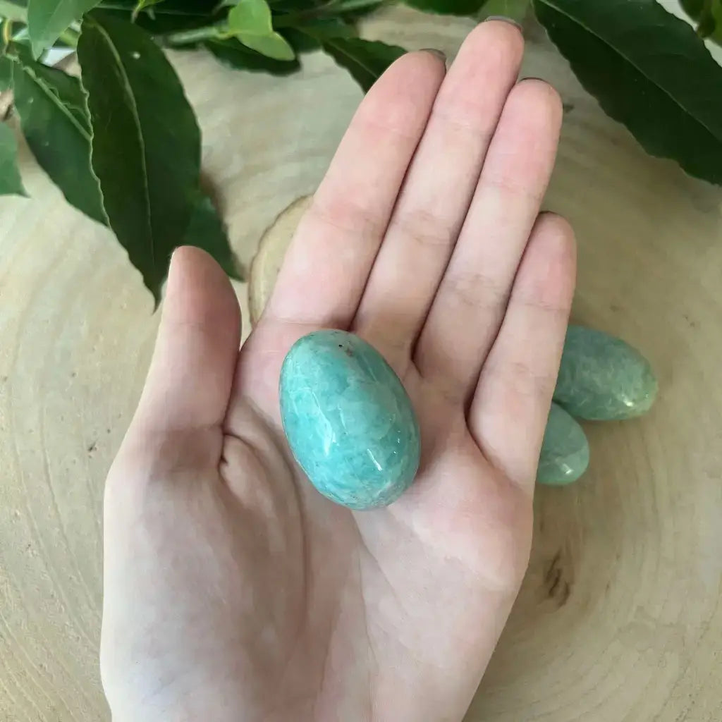 Amazonite Pierre Roulée tenue dans une main, avec un fond de feuillage naturel