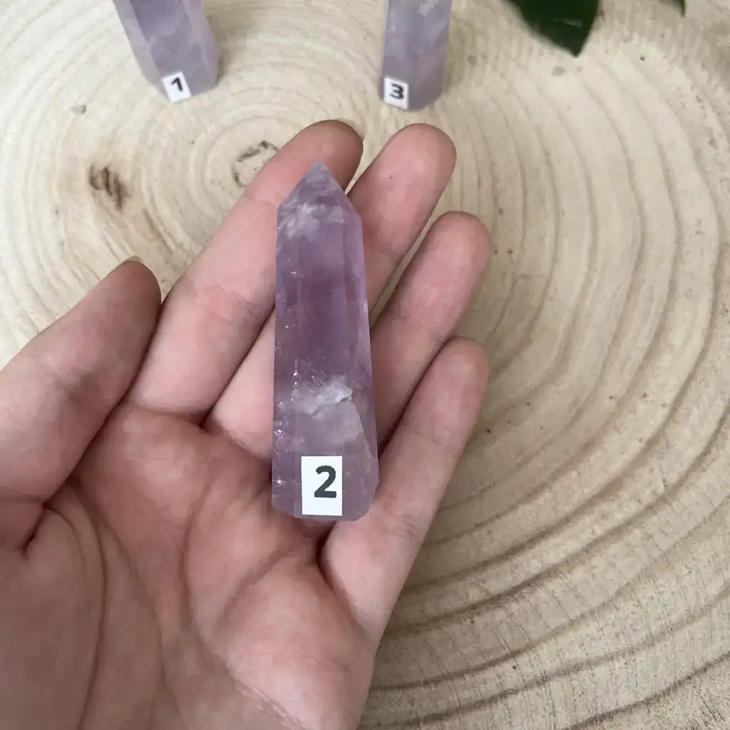 Améthyste en Pointe de Aura de Roche tenue dans une main sur fond en bois
