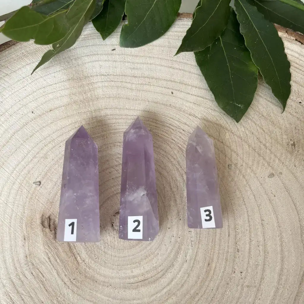 Trois pierres naturelles Améthyste en Pointe sur une plaque en bois, idéales pour la décoration ou la méditation