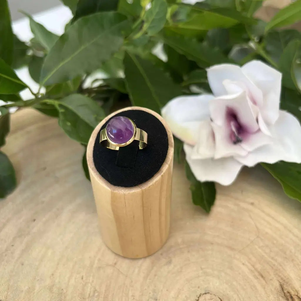 Bague ajustable ronde Dorée avec pierre violette sur support en bois dans décor naturel