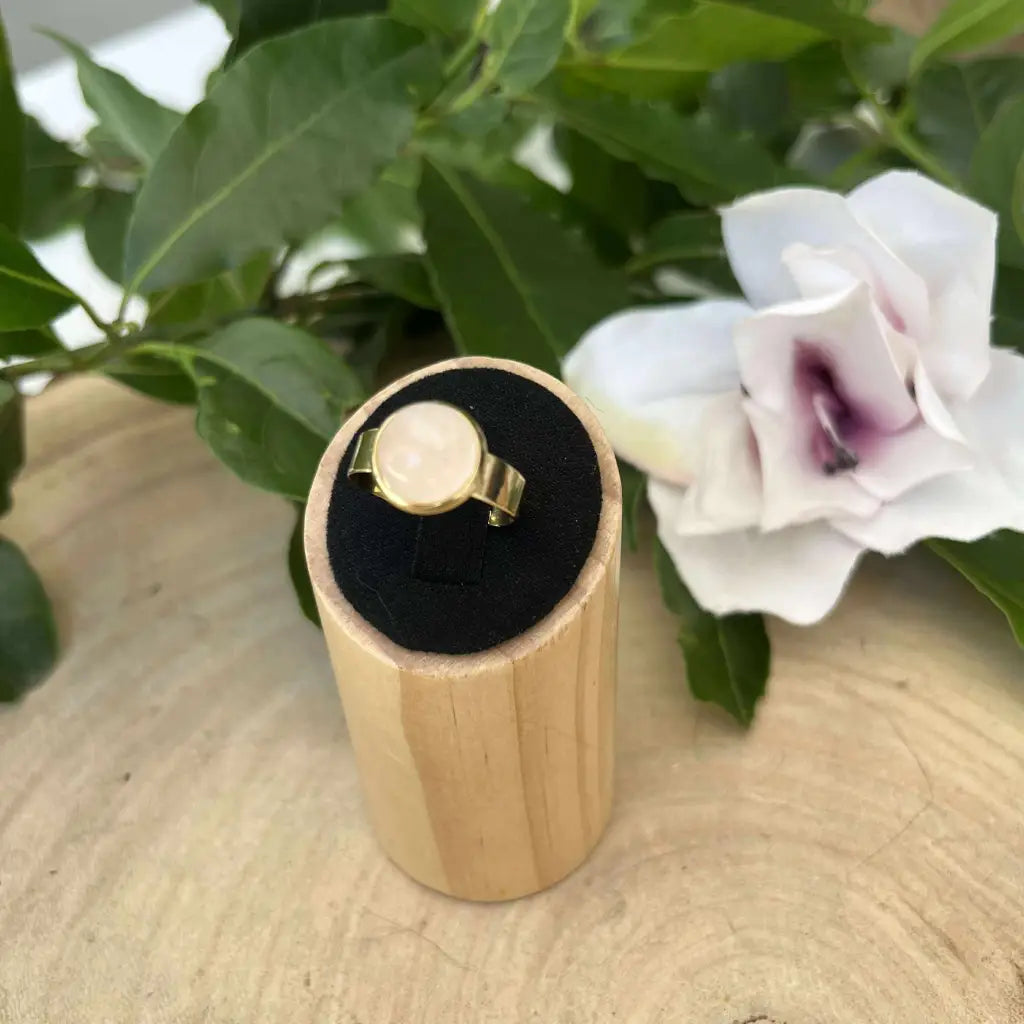 Bague ajustable ronde Dorée avec pierre ronde sur support en bois Aura de Roche