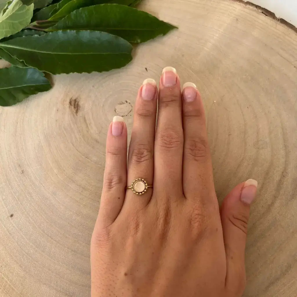 Main féminine portant une bague ajustable Solara dorée avec pierre claire sur fond de bois et feuilles vertes