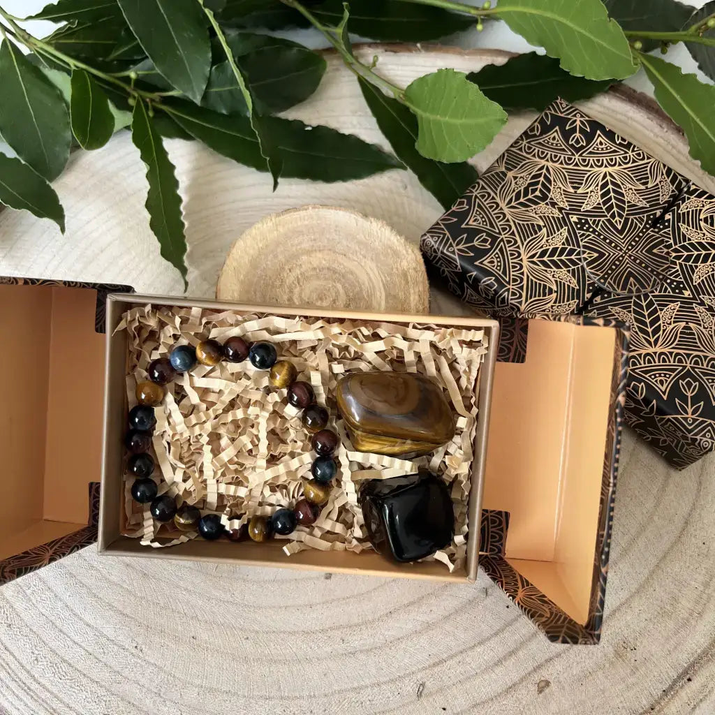 Box Protection Pierres Naturelles Aura de Roche avec bracelet en pierres et galets de lithothérapie