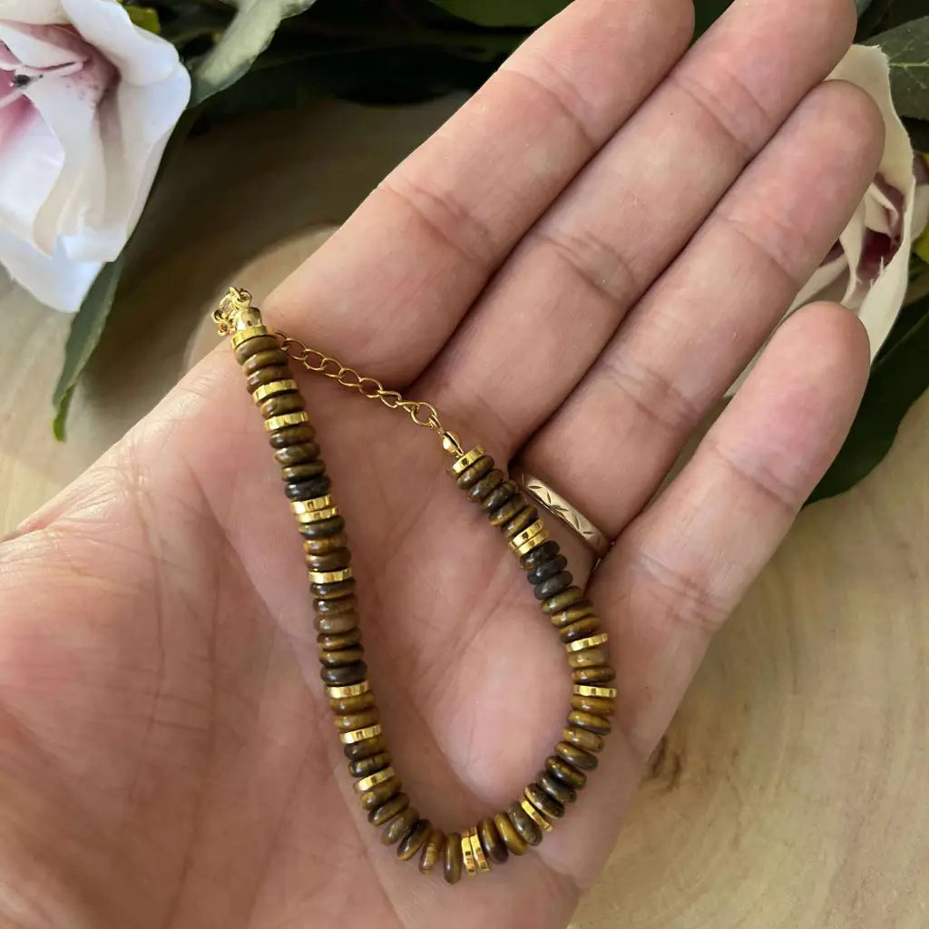 Bracelet Oeil de Tigre Perles Rondelles 6 mm Réglable