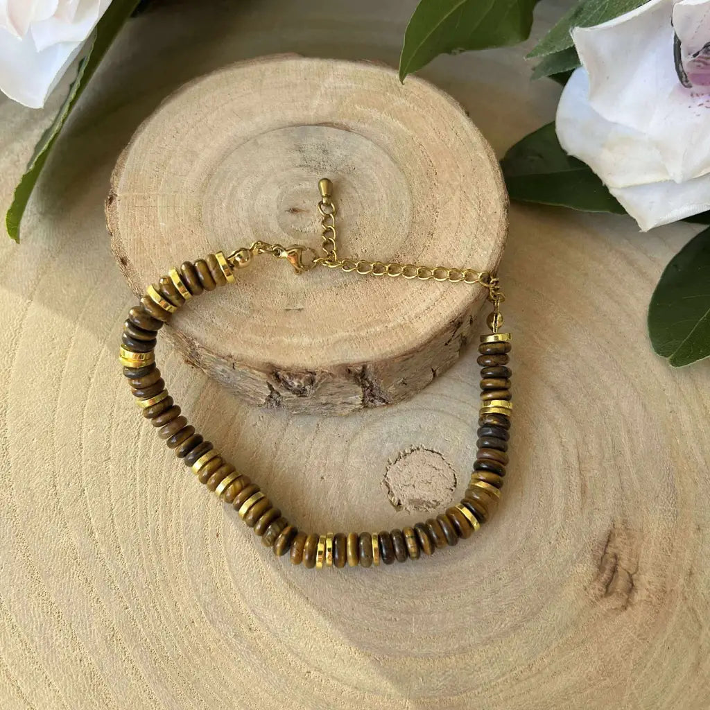 Bracelet Oeil de Tigre Perles Rondelles 6 mm Réglable