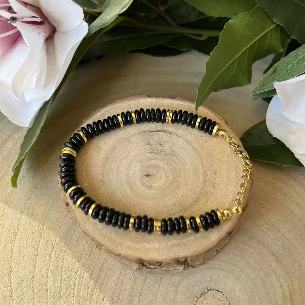 Bracelet Onyx Perles Rondelles 6 mm Réglable - bracelet