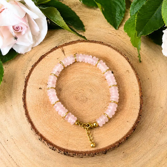 Bracelet Quartz Rose Perles Rondelles 6 mm Réglable