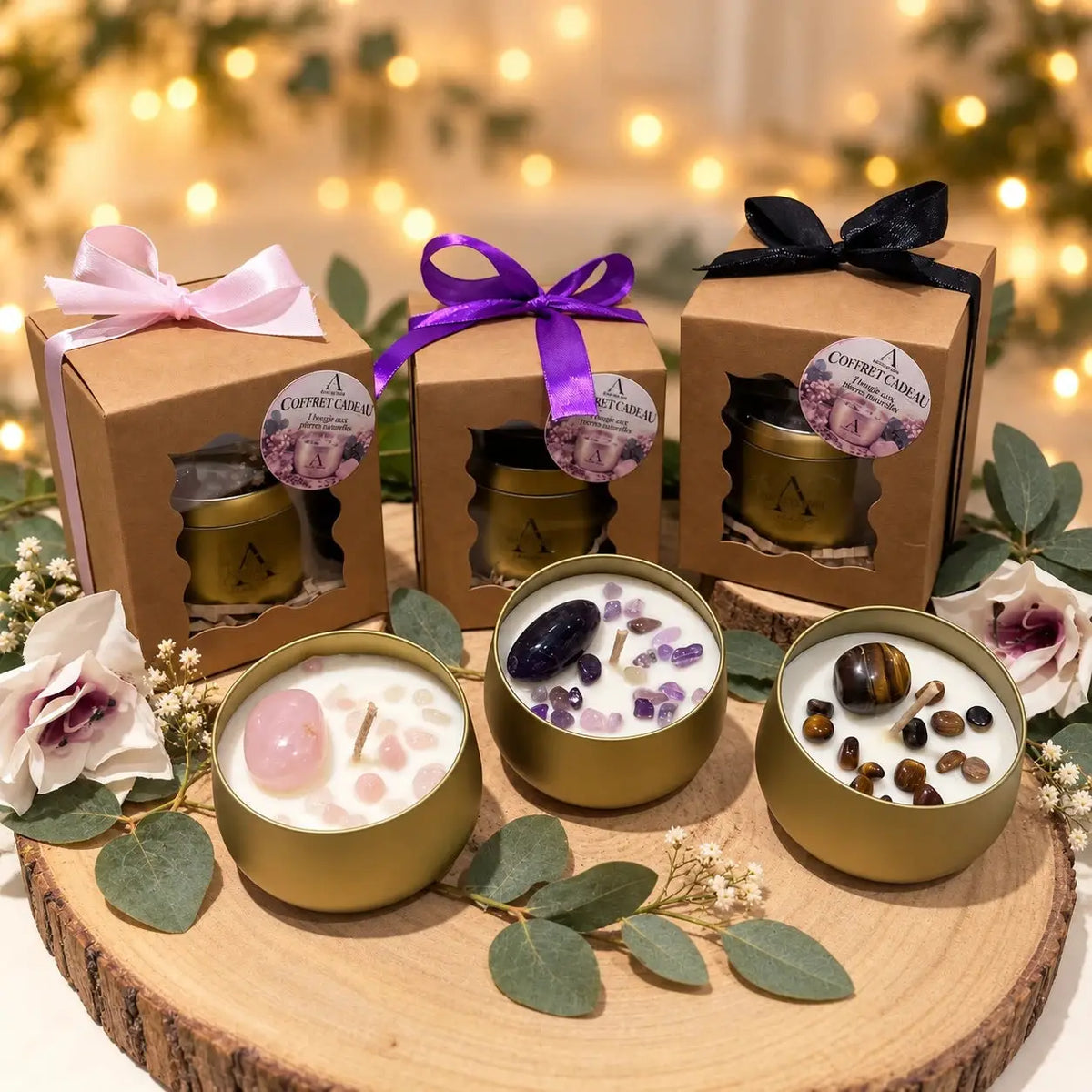 Coffrets cadeaux bougie aux pierres naturelles et bougies ouvertes au quartz rose, à l'améthyste et à l'œil de tigre, ambiance de Noël
