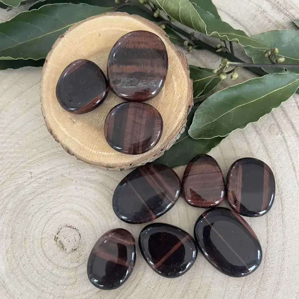 Galet Œil de Taureau poli brun rougeâtre à bandes, lot de galets posés sur tranche de bois et feuilles