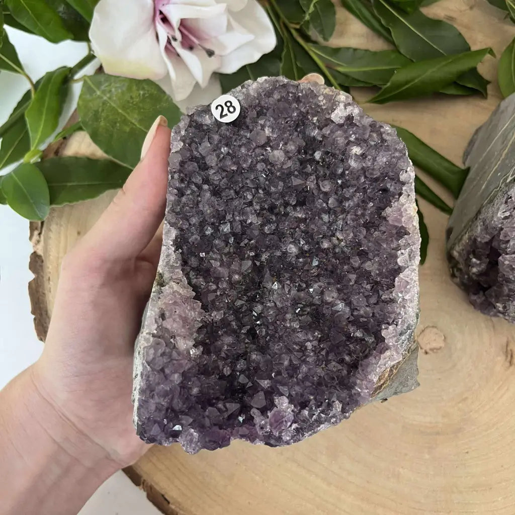 Géode Améthyste Brut en main avec des cristaux violets brillants, parfaite pour la décoration.