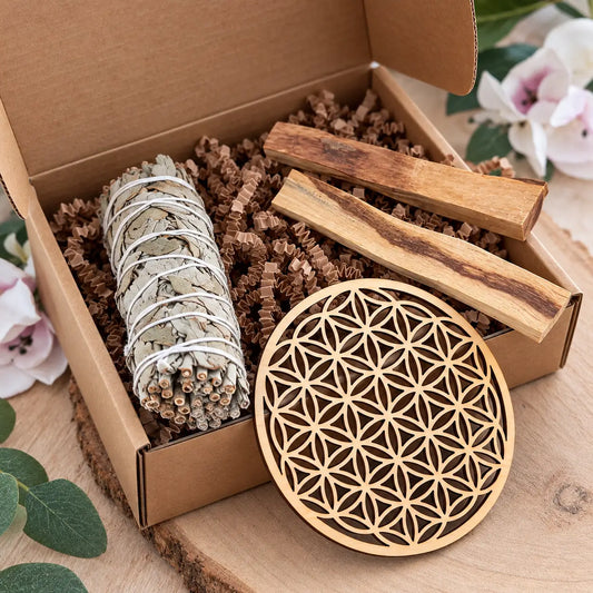 Kit rituel Aura de Roche dans sa boîte : fagot de sauge blanche, 2 bâtonnets de palo santo et fleur de vie en bois 10 cm