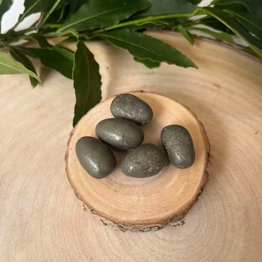 Mini Pierre Roulée Pyrite présentée sur un support en bois avec des feuilles en arrière-plan