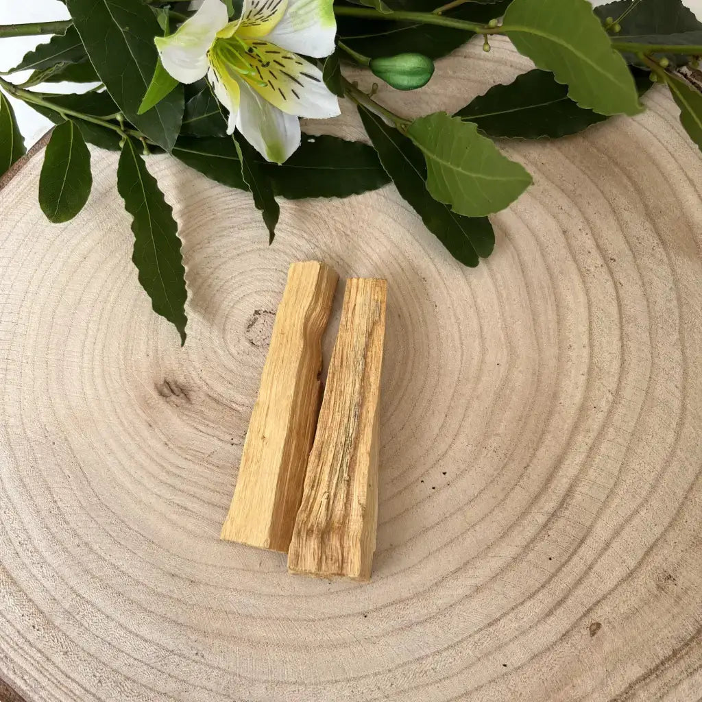 Palo Santo Bois Sacrée de Aura de Roche sur un support en bois avec des feuilles vertes en arrière-plan