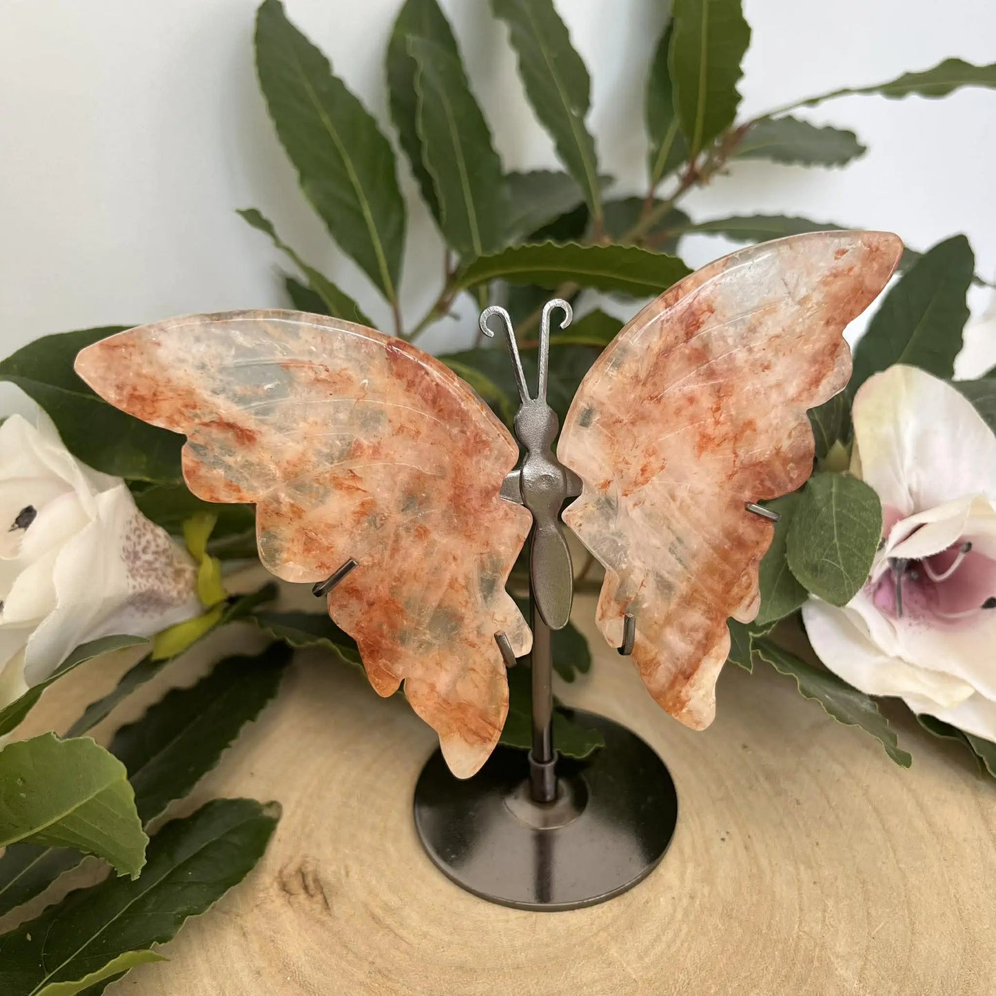 Papillon en pierre naturelle quartz ferrugineux et crazy lace translucide beige et gris sur socle métal noir élégant