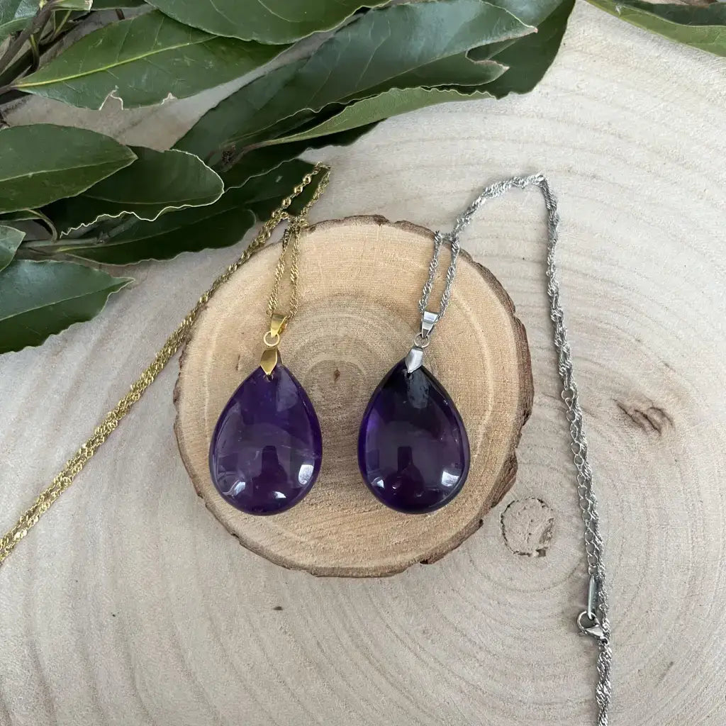 Collier pendentif avec Pendentif Améthyste Naturel en forme de goutte, chaînes dorée et argentée