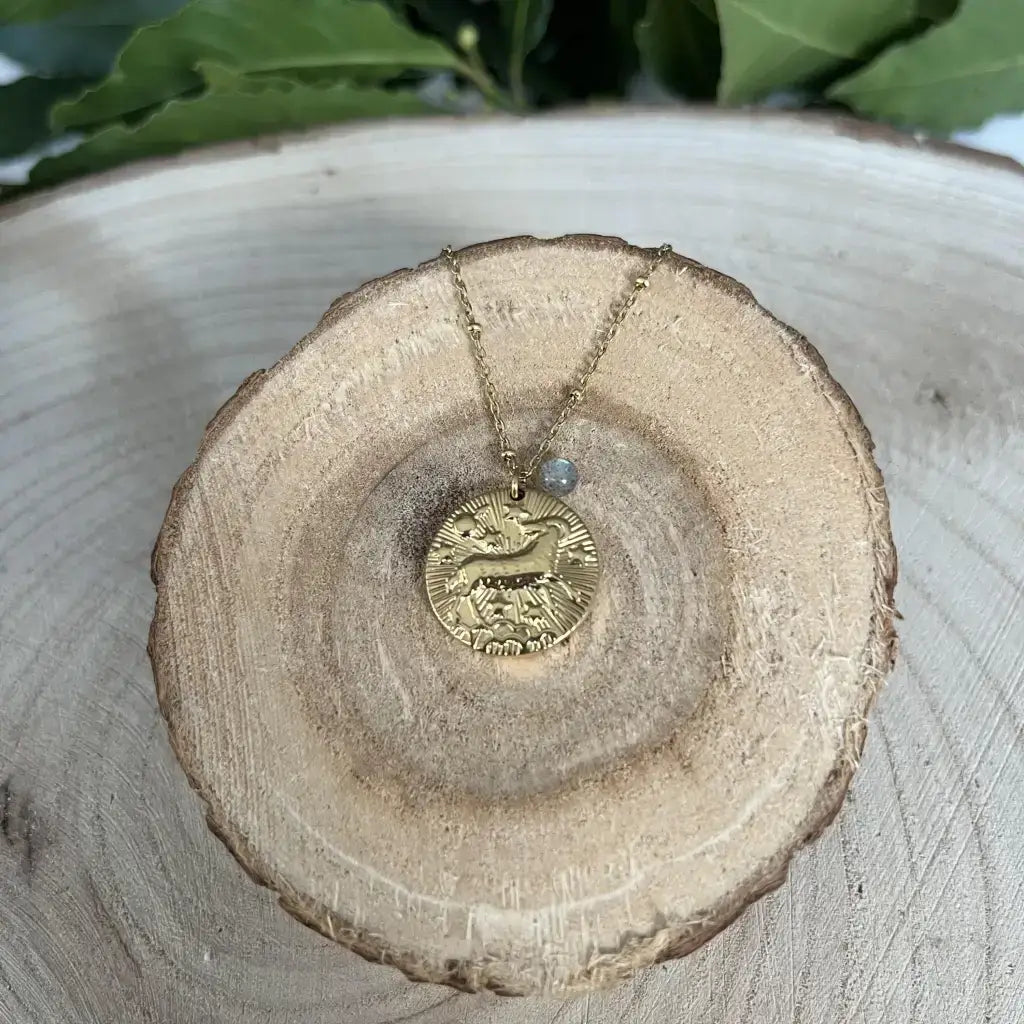 Pendentif Bélier avec Pierre de Pouvoir en métal doré sur chaîne, posé sur un morceau de bois naturel