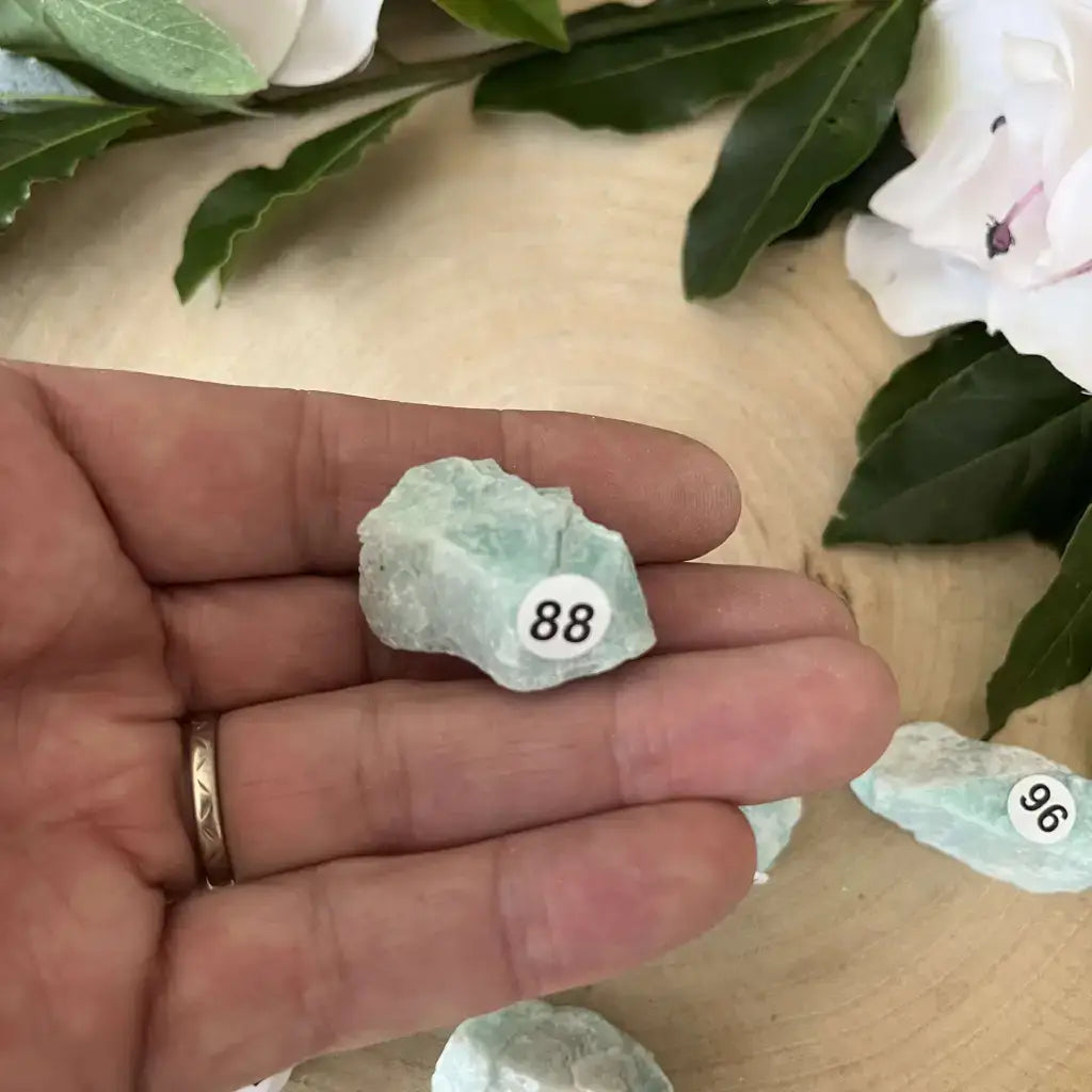 Pierre brute Amazonite Brésil présentée dans la main avec des numéros sur les pièces