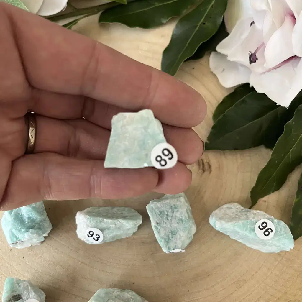 Pierre Brute Amazonite Brésil en main avec plusieurs morceaux en arrière-plan