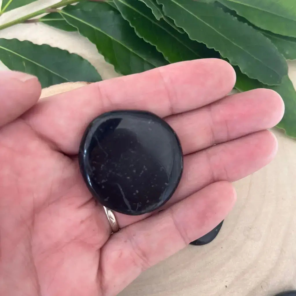 Pierre Plate Tourmaline Noire présentée dans une main, idéale pour la méditation et le bien-être