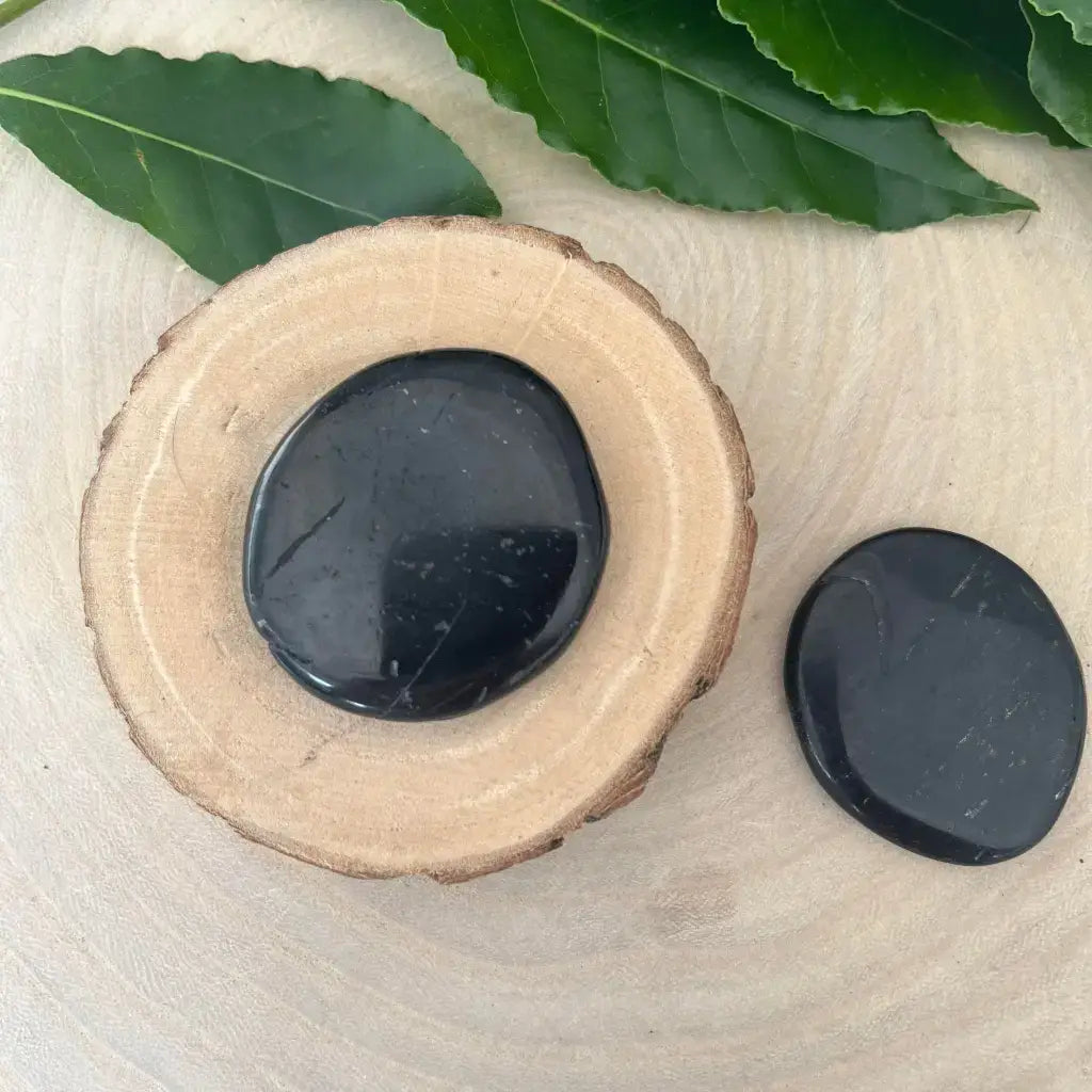 Pierre Plate Tourmaline Noire sur une rondelle de bois avec des feuilles en arrière-plan