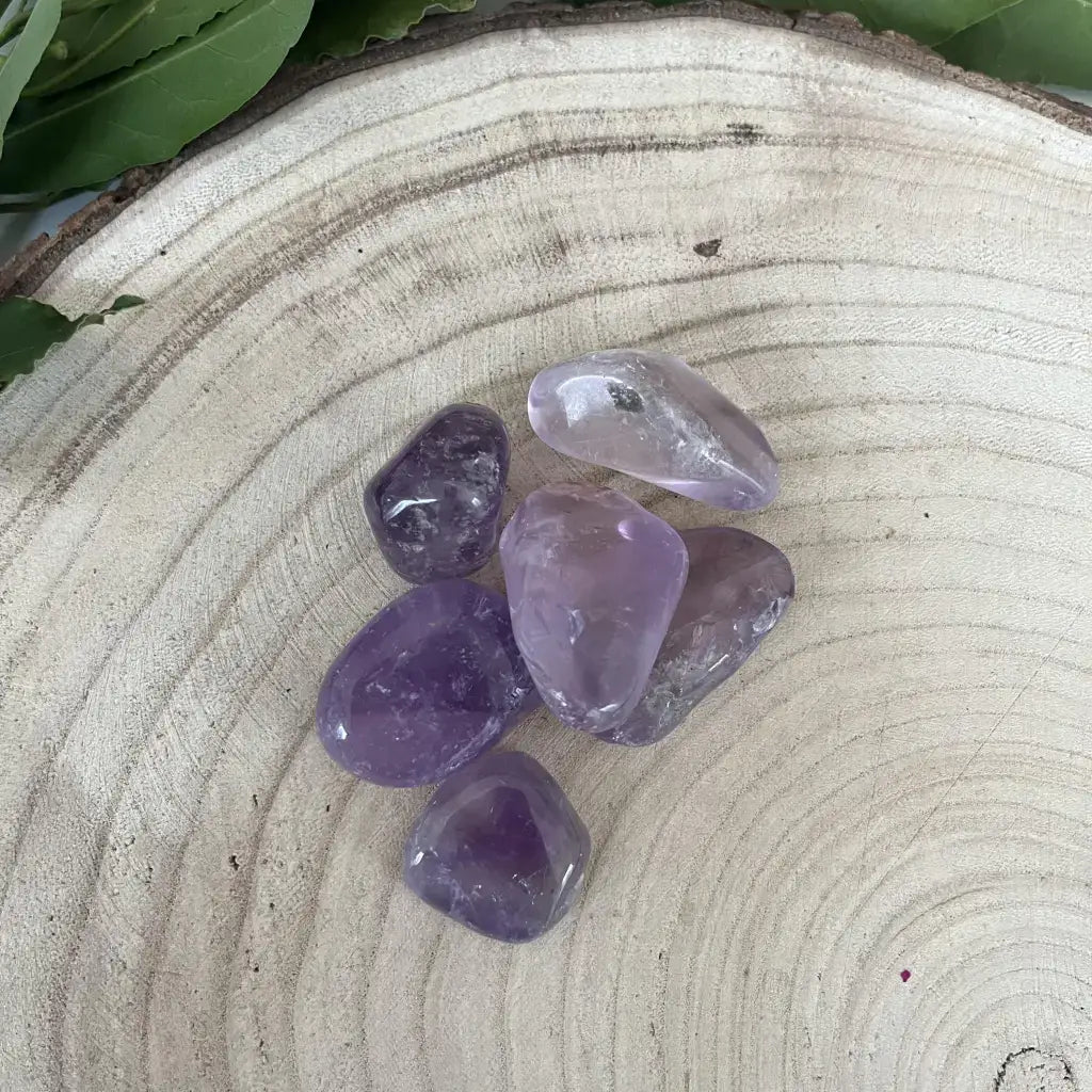 Pierre Roulée Améthyste Aura de Roche lot de pierres naturelles violettes polies sur rondin de bois