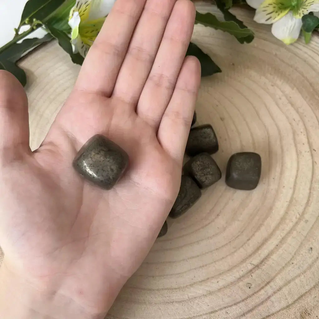 Pierre Roulée Pyrite Naturelle posée dans la paume de la main sur un fond naturel