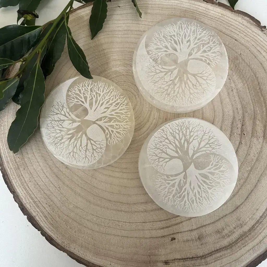 Plaque Arbre de Vie Ying et Yang en Sélénite avec des motifs délicats représentant l'arbre de vie
