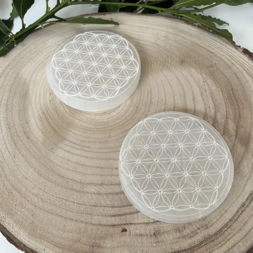Plaque Fleur de Vie en Sélénite, design délicat sur un support en bois naturel