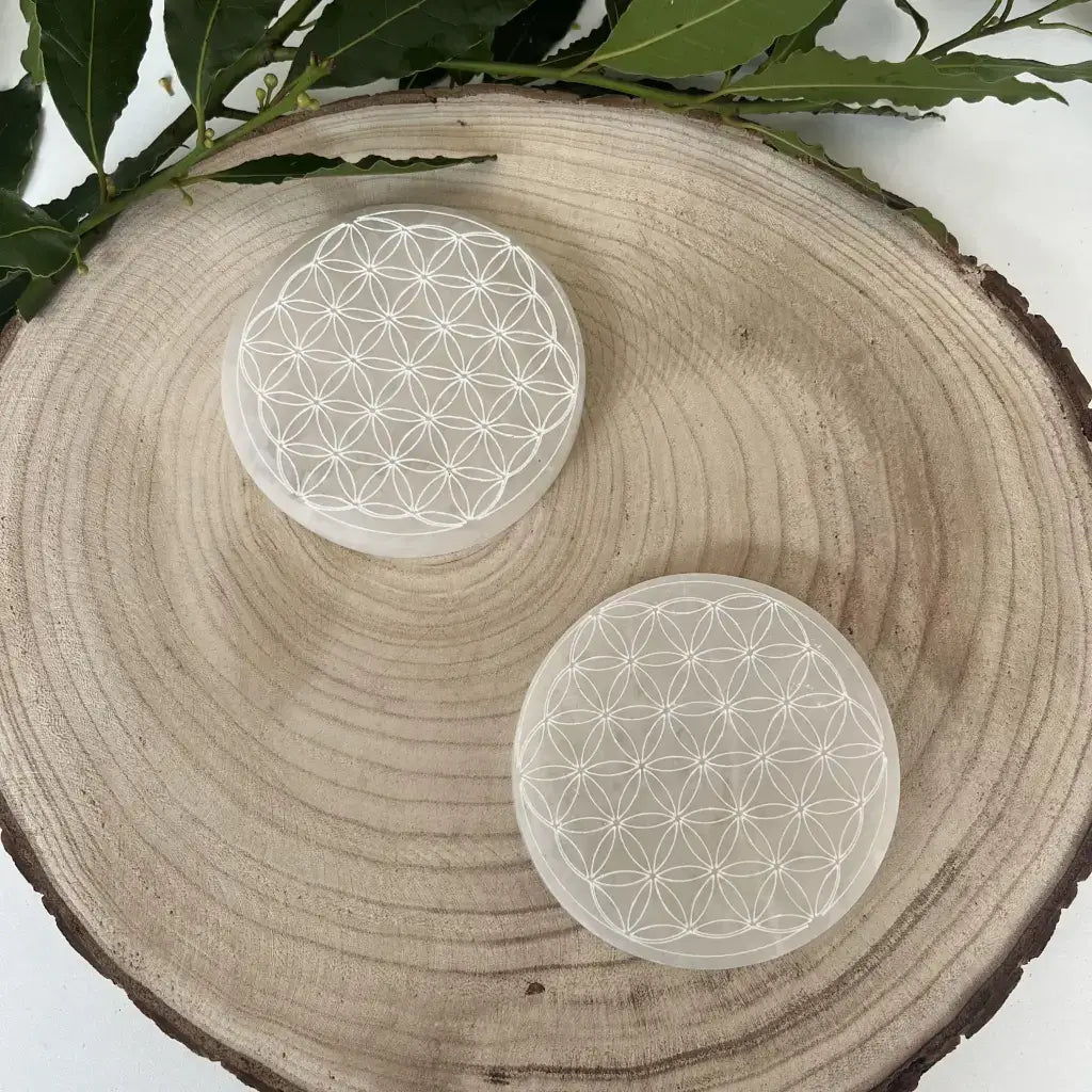Plaque Fleur de Vie en Sélénite avec motifs délicats sur surface blanche, idéale pour la décoration spirituelle