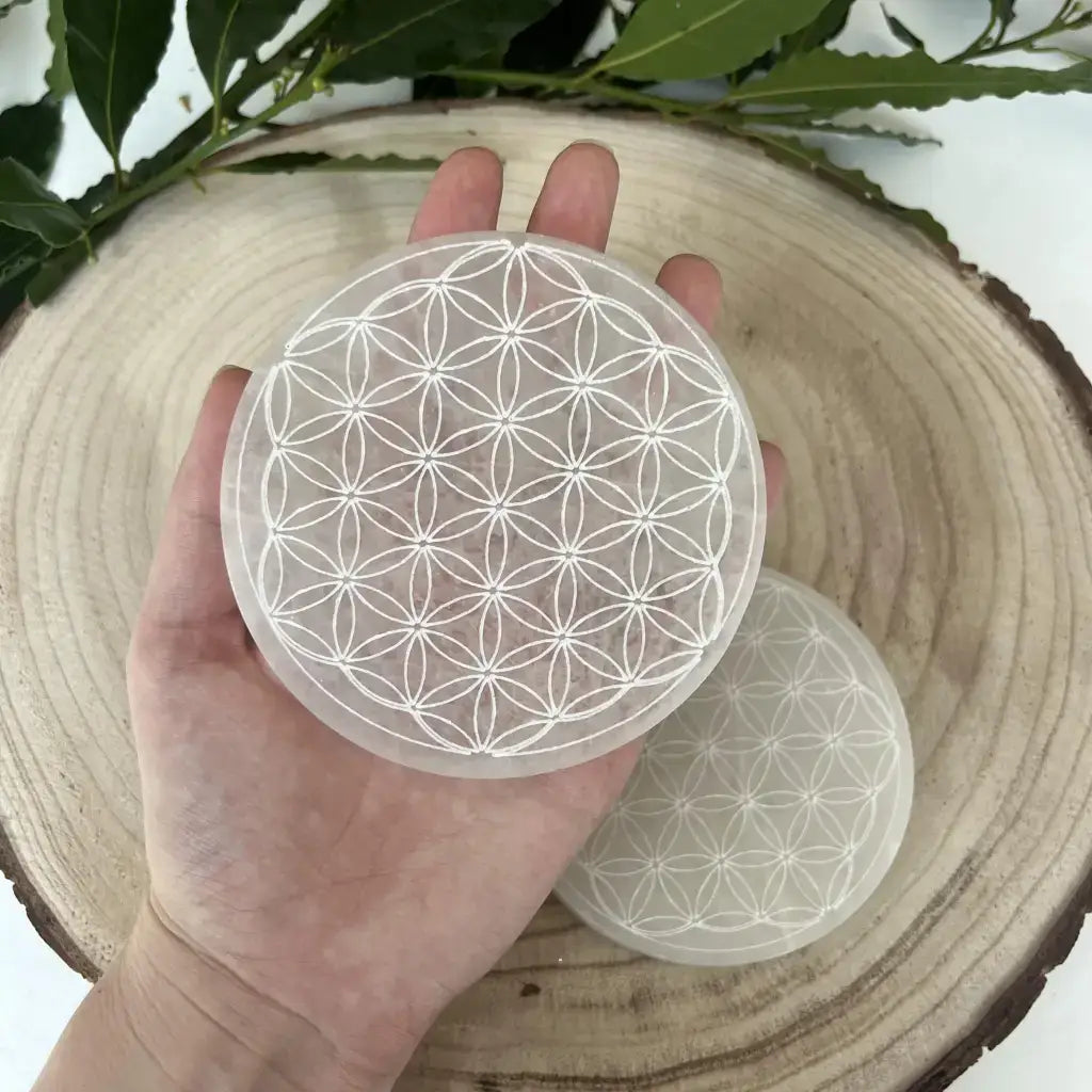Plaque Fleur de Vie en Sélénite dans une main, décorée d'un motif délicat sur une base en bois