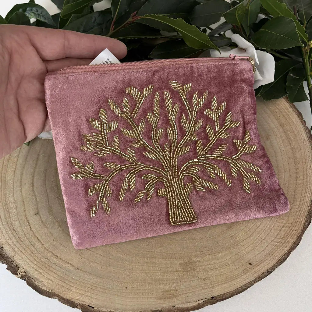 Pochette Velours Rose Arbre de Vie | Élégante et Pratique