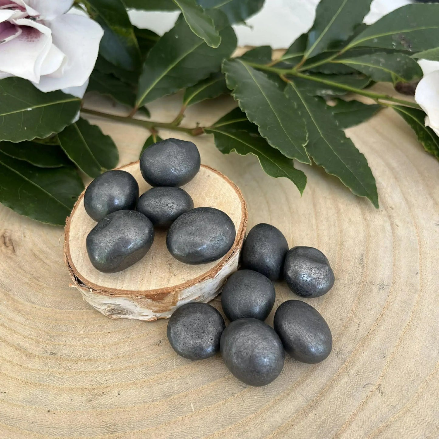 Shungite pierre roulée naturelle noire lisse ovale avec éclat métallique pour purification et protection